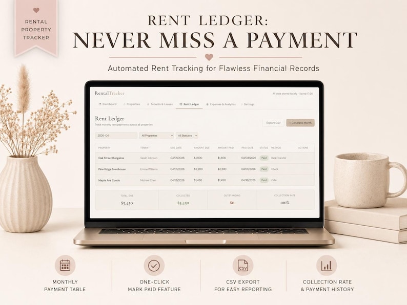Peut inclure: Un ordinateur portable affiche un registre de loyer avec le texte &laquo;&nbsp;NE JAMAIS MANQUER UN PAIEMENT&nbsp;&raquo;. L'&eacute;cran montre un tableau avec les d&eacute;tails du loyer. Une tasse beige et des livres sont &agrave; droite. Un vase avec des fleurs s&eacute;ch&eacute;es est &agrave; gauche.