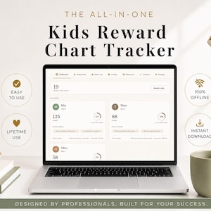 May include: A laptop displaying a "Kids Reward Chart Tracker" interface. The screen shows user profiles with reward progress. The image includes text: "EASY TO USE", "LIFETIME USE", "100% OFFLINE", and "INSTANT DOWNLOAD". A mug, books, and a lamp are also visible.