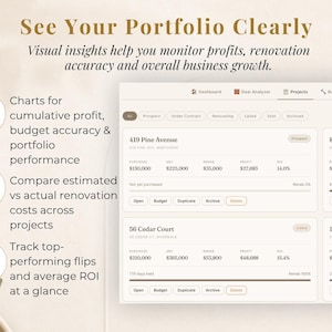 Puede incluir: Una interfaz digital que muestra datos de proyectos inmobiliarios. La pantalla muestra detalles de la propiedad, m&eacute;tricas financieras y el estado del proyecto. El texto dice "See Your Portfolio Clearly" y destaca el seguimiento de beneficios.