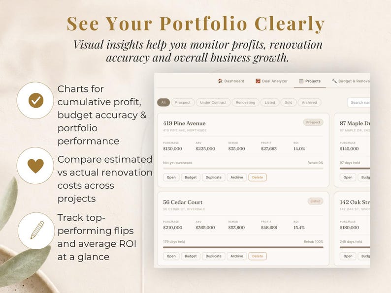 Puede incluir: Una interfaz digital que muestra datos de proyectos inmobiliarios. La pantalla muestra detalles de la propiedad, m&eacute;tricas financieras y el estado del proyecto. El texto dice "See Your Portfolio Clearly" y destaca el seguimiento de beneficios.