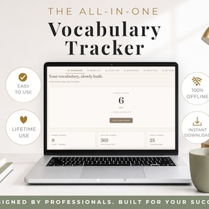 May include: A laptop screen displaying The All-In-One Vocabulary Tracker software interface with a current streak of 6 days, 9 words learned, 365 days on journey, and 25 words today. The screen includes text stating Your vocabulary, slowly built.