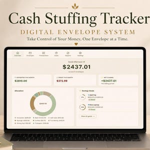 May include: A laptop displays a "Cash Stuffing Tracker" interface, with financial data and a pie chart. The screen is set on a wooden desk, next to a mug, books, and a vase with flowers. The mug reads "Plan, Spend, Live Freely."
