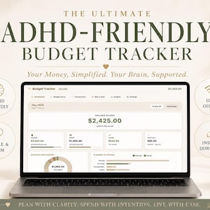 May include: A laptop screen shows a budget tracker with the text "ADHD-FRIENDLY BUDGET TRACKER." The image features a vase of flowers, books, a desk lamp, and the phrases "Simple & Calm" and "Instant Download."