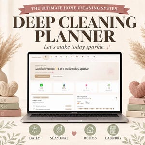 May include: A laptop displaying a cleaning planner interface, flanked by decorative vases with pampas grass and stacked books. The text reads "DEEP CLEANING PLANNER" and "Let's make today sparkle."