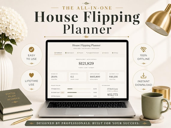 House Flipping Planner | Deal Analyser & ROI Calculator | Renovation Budget Tracker | Fix and Flip Real Estate Investor Download