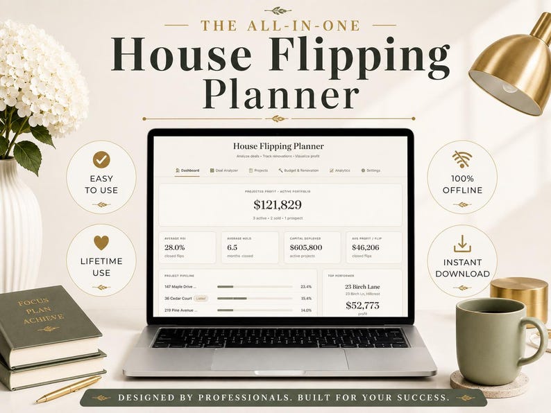 Puede incluir: Un ordenador port&aacute;til que muestra una interfaz de "House Flipping Planner", con datos financieros y detalles del proyecto. La imagen incluye una taza de caf&eacute;, libros, un bol&iacute;grafo y elementos decorativos. El texto en la pantalla dice "F&aacute;cil de usar", "Uso de por vida", "100% sin conexi&oacute;n" y "Descarga instant&aacute;nea".