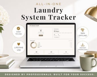 May include: A laptop screen displaying an All-in-One Laundry System Tracker interface with data fields, a pie chart, and text including The Harper Family. Four circular icons surround the screen labeled Easy to Use, 100% Offline, Lifetime Use, and Instant Download.
