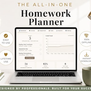 May include: A digital homework planner displayed on a laptop screen, featuring a dashboard with grade trends, assignment lists, and progress analytics. The interface includes text labels like Easy to Use, 100% Offline, Lifetime Use, and Instant Download.