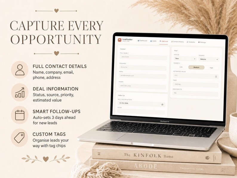 Op de afbeelding: Een zilveren MacBook Air laptop met een lead management software interface. Het scherm toont velden voor contactgegevens, dealinformatie en follow-ups. De tekst "CAPTURE EVERY OPPORTUNITY" staat bovenaan. De laptop staat op een stapel boeken.