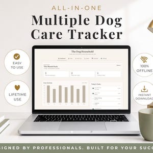 May include: A laptop displaying an All-In-One Multiple Dog Care Tracker digital dashboard. The screen shows sections for The Dog Household, care activity charts, and daily tasks. Four circular icons highlight features: Easy to Use, 100% Offline, Lifetime Use, and Instant Download.
