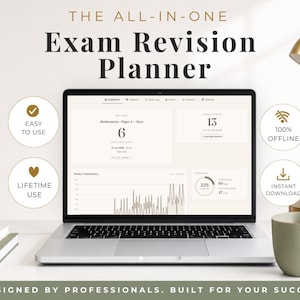 Peut inclure: Un ordinateur portable affichant un tableau de bord de planificateur de révision d'examen avec le texte The All-In-One Exam Revision Planner, Easy To Use, Lifetime Use, 100% Offline, Instant Download, Designed By Professionals, Built For Your Success.