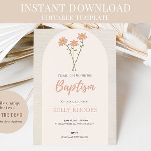 Boho blush Plantilla de invitación de bautismo, Girl Blush floral Imprimible, Invitaciones de bautismo, Invitación de bautizo Baby Girl Pink 1ra Comunión cruz