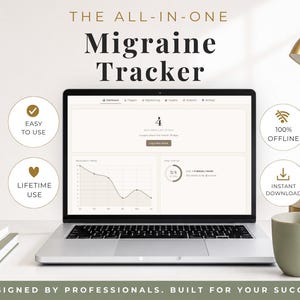 Puede incluir: Una pantalla de portátil que muestra un panel digital de seguimiento de migrañas con gráficos y registros. El texto dice: THE ALL-IN-ONE Migraine Tracker, EASY TO USE, 100% OFFLINE, LIFETIME USE, INSTANT DOWNLOAD, DESIGNED BY PROFESSIONALS. BUILT FOR YOUR SUCCESS.