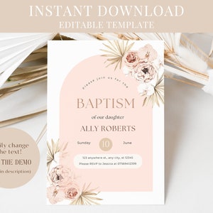 Boho blush Taufe Einladung Vorlage, Mädchen Blush floral Printable, Taufe lädt ein, Taufe einladen Baby Mädchen Rosa 1. Kommunion Kreuz