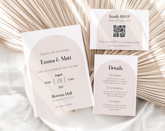 Minimalistische Bogen Hochzeitseinladung, Bearbeitbare Minimalistische Hochzeitseinladung, moderne Hochzeitseinladung, RSVP mit QR-Code, Details Karte