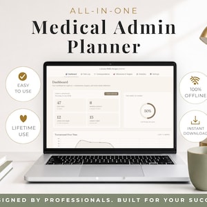 Puede incluir: Un planificador administrativo médico digital en la pantalla de una computadora portátil. La interfaz muestra un panel con métricas de datos, gráficos y pestañas. Iconos circulares resaltan características: fácil de usar, 100% sin conexión, uso de por vida y descarga instantánea.