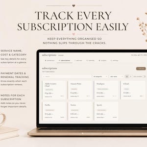 May include: A laptop displaying a subscription tracker interface. The screen shows subscription details, including service names, costs, and renewal dates. The image also features a coffee cup, a book, and a vase with dried flowers.