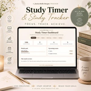 May include: A digital study timer and tracker dashboard displayed on a laptop screen. The interface shows weekly hours, day streaks, session counts, distraction logs, weekly goals, and exam countdowns. Text includes Study Timer & Study Tracker.