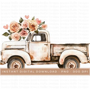 Watercolour valentines truck png clipart, Digital downloads, beige truck with flowers, Truck clipart, Clip art, Valentine Graphics, pngs
