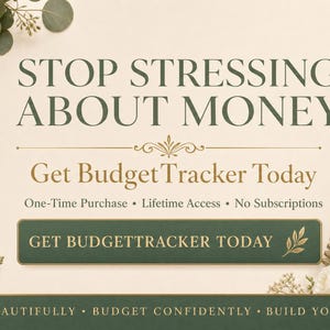 May include: An advertisement with the text "STOP STRESSING ABOUT MONEY" and "Get BudgetTracker Today." The image features a notebook, pen, and decorative elements. The color palette includes cream, gold, and green.