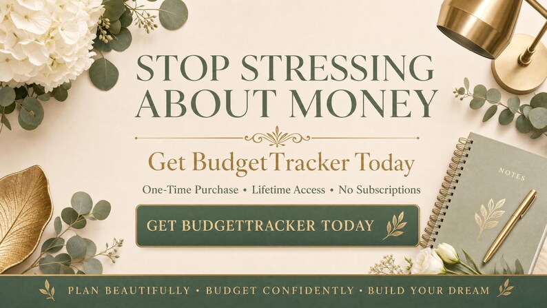 May include: An advertisement with the text "STOP STRESSING ABOUT MONEY" and "Get BudgetTracker Today." The image features a notebook, pen, and decorative elements. The color palette includes cream, gold, and green.