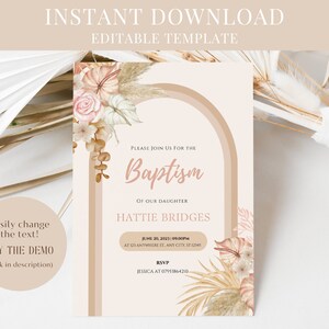 Boho blush Baptism Invitation template, Girl Blush floral Printable, Baptism Invites, Christening Invite Baby Girl Pink 1st Communion  cross