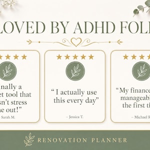 May include: A promotional graphic with the text "LOVED BY ADHD FOLKS" and three customer testimonials. Each testimonial is in a square with a leaf icon and star ratings. The bottom of the graphic reads "RENOVATION PLANNER".