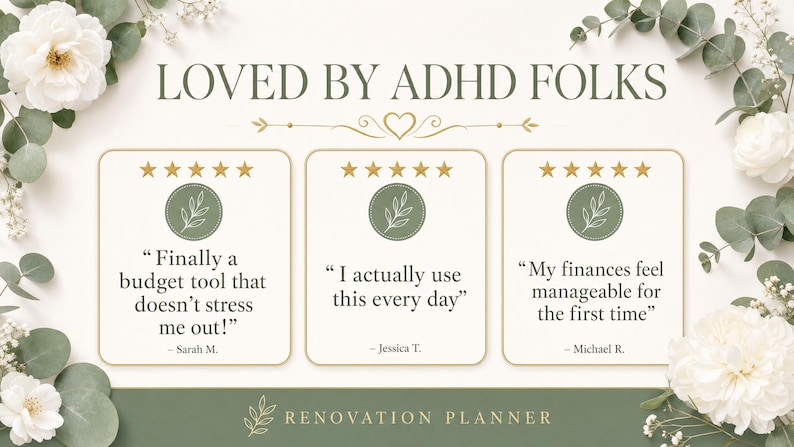 May include: A promotional graphic with the text "LOVED BY ADHD FOLKS" and three customer testimonials. Each testimonial is in a square with a leaf icon and star ratings. The bottom of the graphic reads "RENOVATION PLANNER".