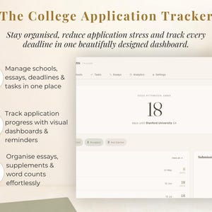 Puede incluir: Un rastreador digital de solicitudes universitarias, titulado "The College Application Tracker". El panel muestra el n&uacute;mero "18" con el texto "d&iacute;as para Stanford University". Ayuda a gestionar escuelas, ensayos, plazos y tareas.