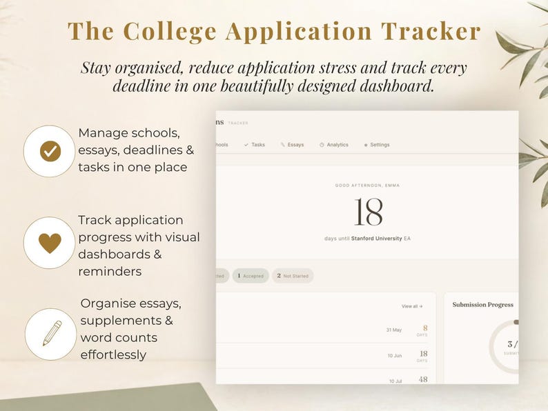Puede incluir: Un rastreador digital de solicitudes universitarias, titulado "The College Application Tracker". El panel muestra el n&uacute;mero "18" con el texto "d&iacute;as para Stanford University". Ayuda a gestionar escuelas, ensayos, plazos y tareas.