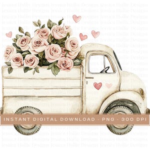 Watercolour valentines truck png clipart, Digital downloads, beige truck with flowers, Truck clipart, Clip art, Valentine Graphics, pngs