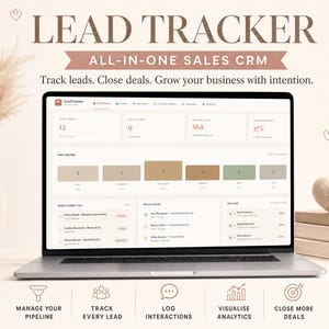 May include: A laptop displaying a sales CRM dashboard with the text "Lead Tracker" and "All-in-one Sales CRM." The screen shows sales pipeline data. The image includes a vase with pampas grass, books, and icons for managing sales.