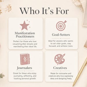 Pu&ograve; includere: Immagine estetica beige e rosa con la scritta "Who It's For". Presenta carte con testo, un cristallo di quarzo rosa, una penna d'oro e un diario. L'immagine &egrave; per i praticanti della manifestazione, i fissatori di obiettivi, i giornalisti e i creativi.