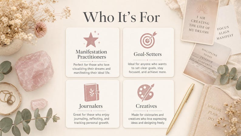 Pu&ograve; includere: Immagine estetica beige e rosa con la scritta "Who It's For". Presenta carte con testo, un cristallo di quarzo rosa, una penna d'oro e un diario. L'immagine &egrave; per i praticanti della manifestazione, i fissatori di obiettivi, i giornalisti e i creativi.