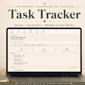 May include: A laptop displaying a task management application, with the text "Task Tracker" at the top. A mug with the text "Focus Plan Achieve" sits to the right. The image also includes a vase with flowers and books.