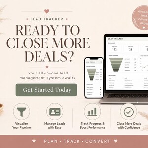 Op de afbeelding: Een promotieafbeelding voor een lead management systeem. De afbeelding toont een laptop en smartphone met dashboards, met de tekst "READY TO CLOSE MORE DEALS?" en "Get Started Today." Decoratieve elementen zijn pampasgras en een cirkelvormig logo.