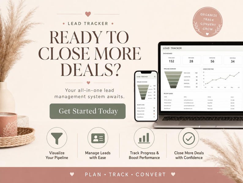 Op de afbeelding: Een promotieafbeelding voor een lead management systeem. De afbeelding toont een laptop en smartphone met dashboards, met de tekst "READY TO CLOSE MORE DEALS?" en "Get Started Today." Decoratieve elementen zijn pampasgras en een cirkelvormig logo.