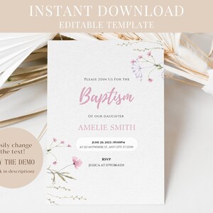 Boho blush battesimo invito modello, ragazza arrossire floreale stampabile, battesimo invita, battesimo invito Baby Girl rosa prima comunione croce