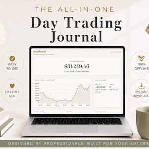 Op de afbeelding: Een laptop met een dashboard van een daytrading journal met financiële gegevens. Het scherm toont een grafiek en het rekeningsaldo. De afbeelding bevat een koffiemok, een lamp en de tekst "Day Trading Journal".