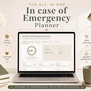 Könnte beinhalten: Ein Laptop mit einer "In Case of Emergency Planner"-Oberfläche, mit Symbolen für einfache Bedienung, lebenslange Nutzung, Offline-Zugriff und sofortigen Download. Eine Tasse, Bücher und eine Lampe sind ebenfalls zu sehen.