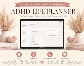 Planer życia dla osób z ADHD | Cyfrowy planer produktywności | 20-modułowy planer ADHD | Śledzenie budżetu, śledzenie nawyków, planowanie posiłków | Natychmiastowe pobranie