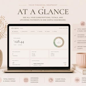May include: A laptop displaying a financial dashboard with the text "AT A GLANCE". The screen shows subscription details, totals, and upcoming payments. A pink mug, a book, and a vase with dried flowers are on the table.