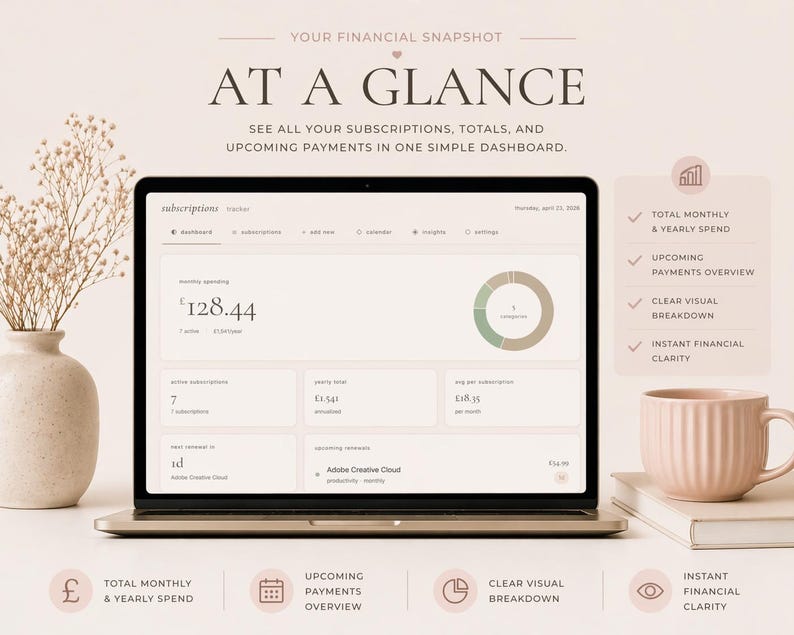 May include: A laptop displaying a financial dashboard with the text "AT A GLANCE". The screen shows subscription details, totals, and upcoming payments. A pink mug, a book, and a vase with dried flowers are on the table.