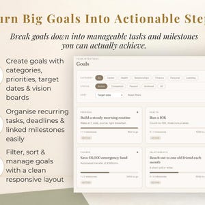 May include: A digital planner interface with the text "Turn Big Goals Into Actionable Steps." The interface displays goal categories, target dates, and milestones. The layout is clean and responsive, with options to filter and manage goals.