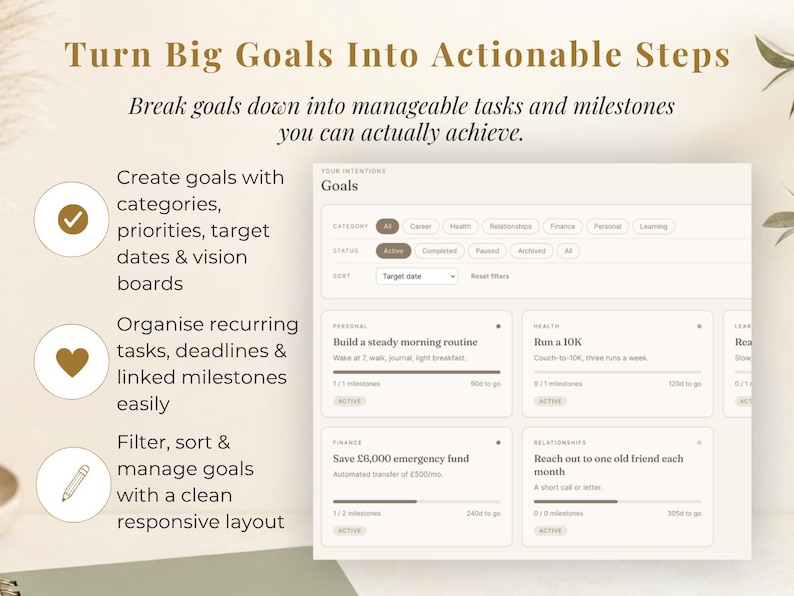 May include: A digital planner interface with the text "Turn Big Goals Into Actionable Steps." The interface displays goal categories, target dates, and milestones. The layout is clean and responsive, with options to filter and manage goals.