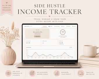 Może przedstawiać: Laptop z panelem finansowym z napisem "SIDE HUSTLE INCOME TRACKER". Ekran wyświetla dane o dochodach i wykresy. Na stole wazon z suszonymi kwiatami i filiżanka kawy. Obraz zawiera również tekst "ALL-IN-ONE FINANCIAL ORGANISER."