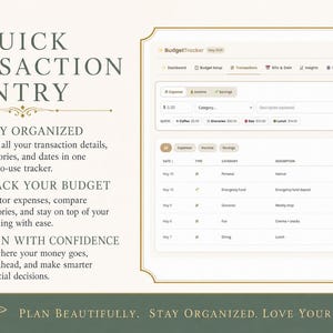 May include: A digital budget tracker interface with a light beige background. The interface displays expense tracking, income, and savings. Text on the screen includes "Quick Transaction Entry", "Stay Organized", "Track Your Budget", and "Plan With Confidence". Decorative floral elements frame the image.