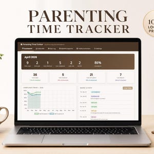 Może przedstawiać: Laptop wyświetlający pulpit nawigacyjny "Parenting Time Tracker" z danymi za kwiecień 2026 roku. Ekran pokazuje różne wskaźniki, w tym połączenia, zadania i trendy zgodności. Widoczny jest również tekst "100% Local & Private".