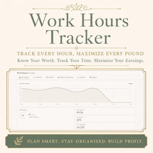 Peut inclure: Graphique crème avec le texte "Work Hours Tracker". L'image comprend un graphique, du texte et des éléments floraux décoratifs. Le texte se lit "Track Every Hour, Maximize Every Pound" et "Plan Smart, Stay Organised, Build Profit."