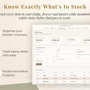 May include: A digital kitchen inventory tracker interface featuring a Waste Log dashboard. The screen displays sections for tracking food items, expiry dates, and costs, with text headers including Know Exactly What's In Stock and Waste Log.